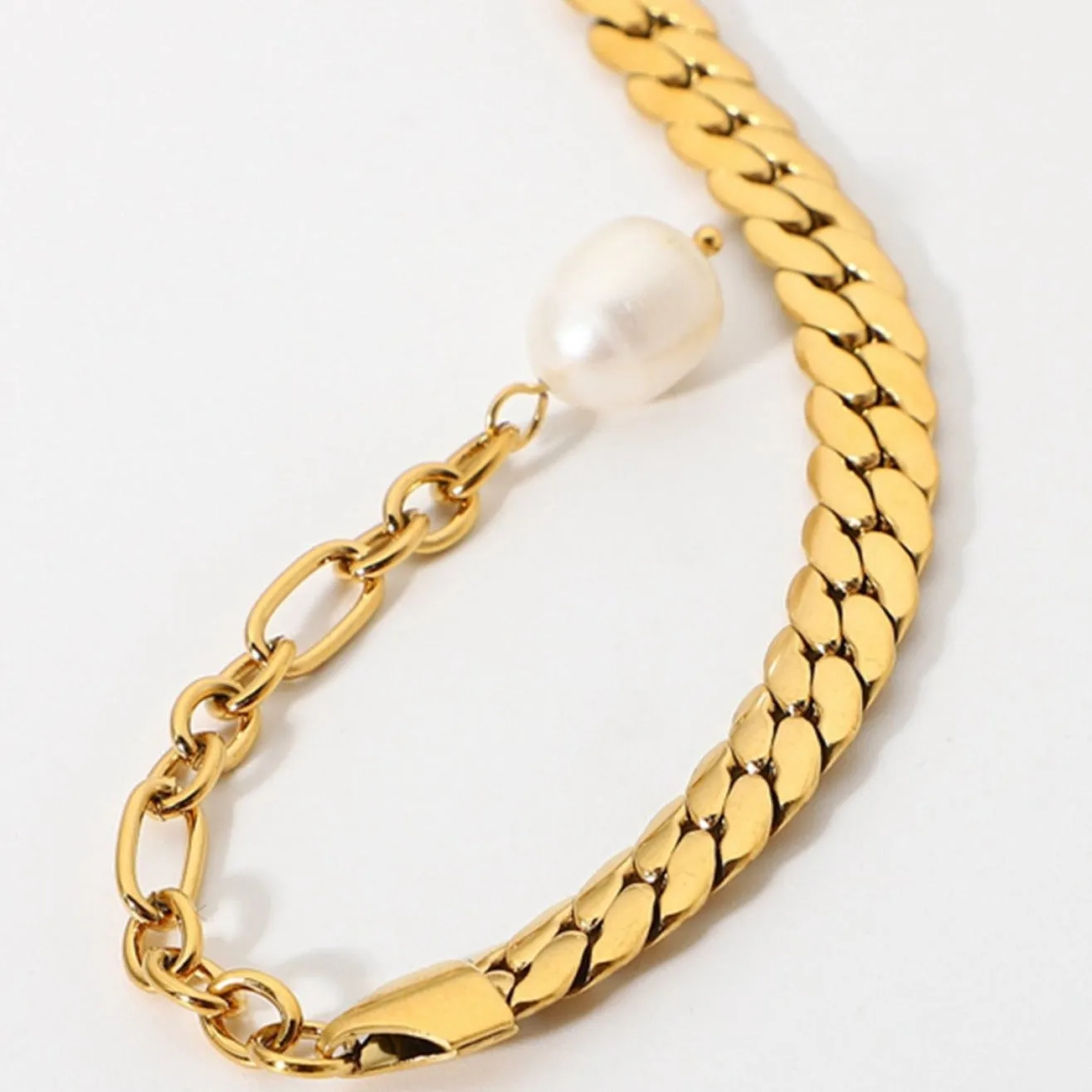 Gold Chain Bracelet with Pearl - Thick Curb sold by Mason & Madison Co. product image thumbnail 2