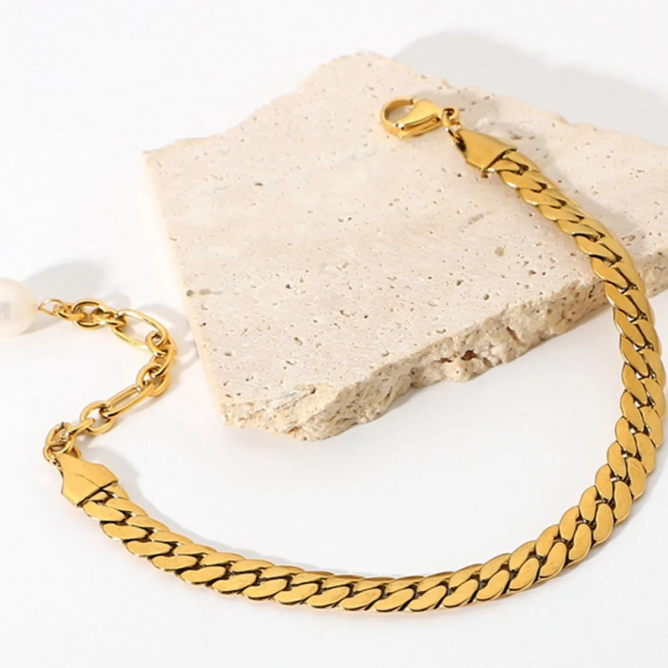 Gold Chain Bracelet with Pearl - Thick Curb sold by Mason & Madison Co. product image thumbnail 3