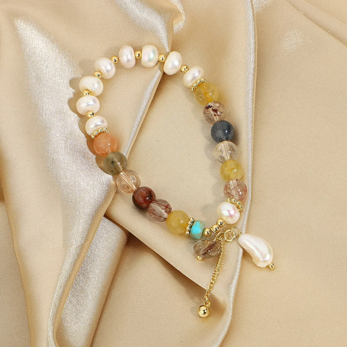 Color Natural Stone + Freshwater Pearl Elastic Bracelet sold by Mason & Madison Co. product image thumbnail 5