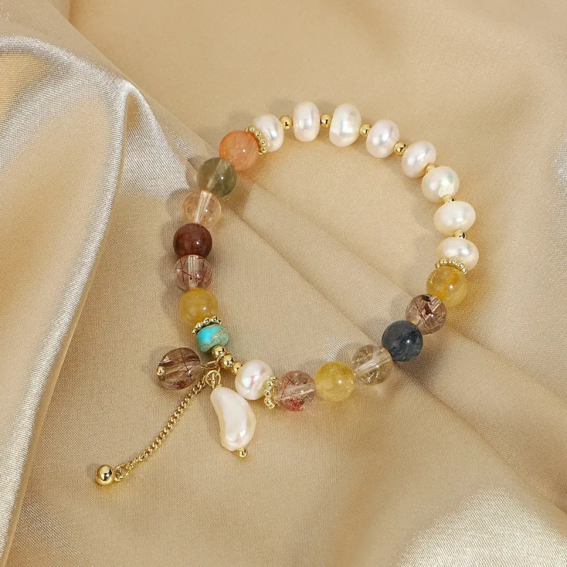 Color Natural Stone + Freshwater Pearl Elastic Bracelet sold by Mason & Madison Co.