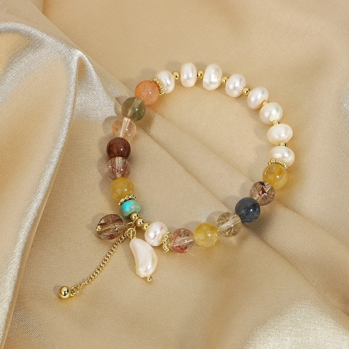 Color Natural Stone + Freshwater Pearl Elastic Bracelet sold by Mason & Madison Co.