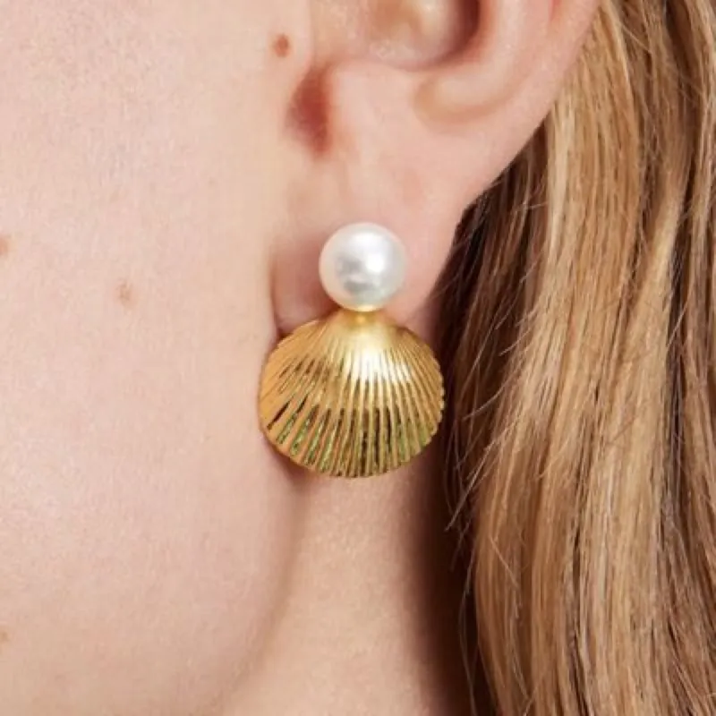 Gold Shell Stud Earrings with Pearl sold by Mason & Madison Co.