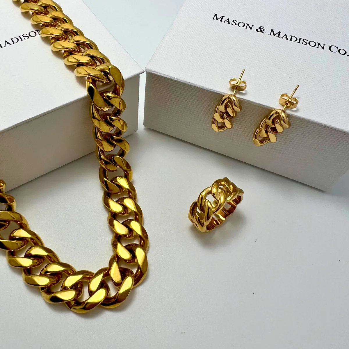 Gold Chunky Chain Necklace Ring Earrings Bundle Set - MASON CHUNKY CHAIN™ sold by Mason & Madison Co.