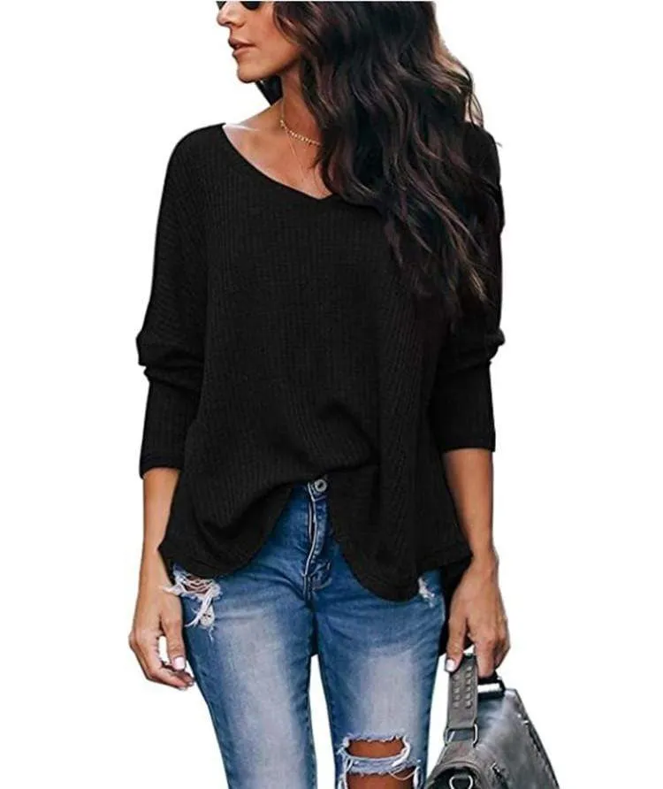 Haute Edition Slouchy Waffle Knit V-Neck Long Sleeve Tee sold by Daily Haute product image thumbnail 3