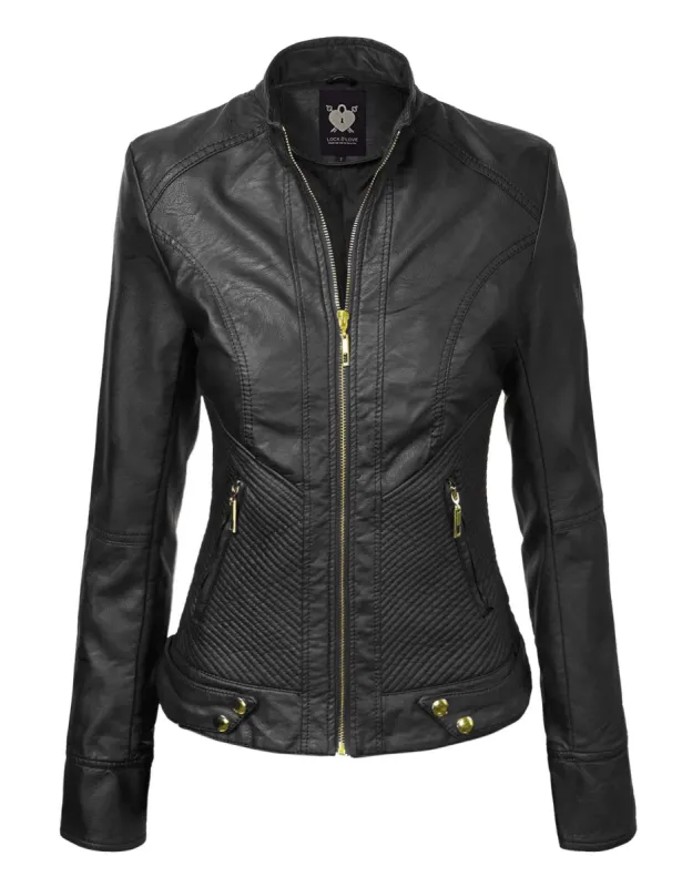 Made By Johnny MBJ Womens Faux Leather Zip Up Moto Biker Jacket with Stitching Detail sold by Daily Haute