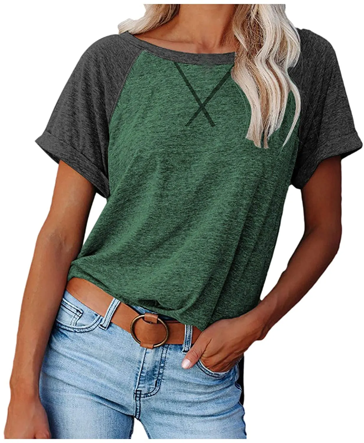Haute Edition Women's Cross Stitch Contrast Raglan Short Sleeve Tee sold by Daily Haute product image thumbnail 3