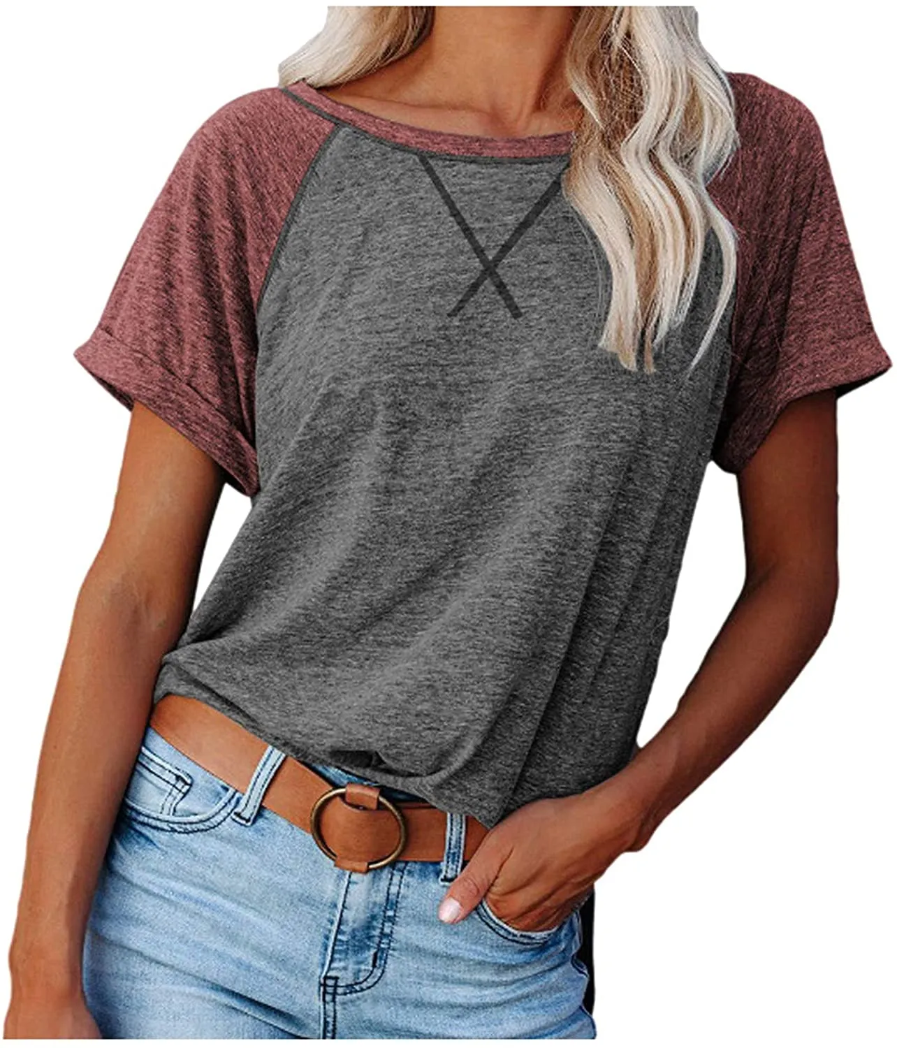 Haute Edition Women's Cross Stitch Contrast Raglan Short Sleeve Tee sold by Daily Haute product image thumbnail 2