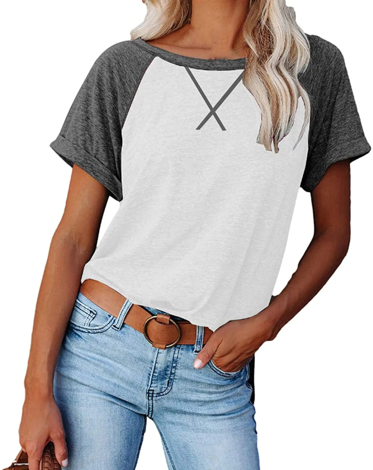 Haute Edition Women's Cross Stitch Contrast Raglan Short Sleeve Tee sold by Daily Haute