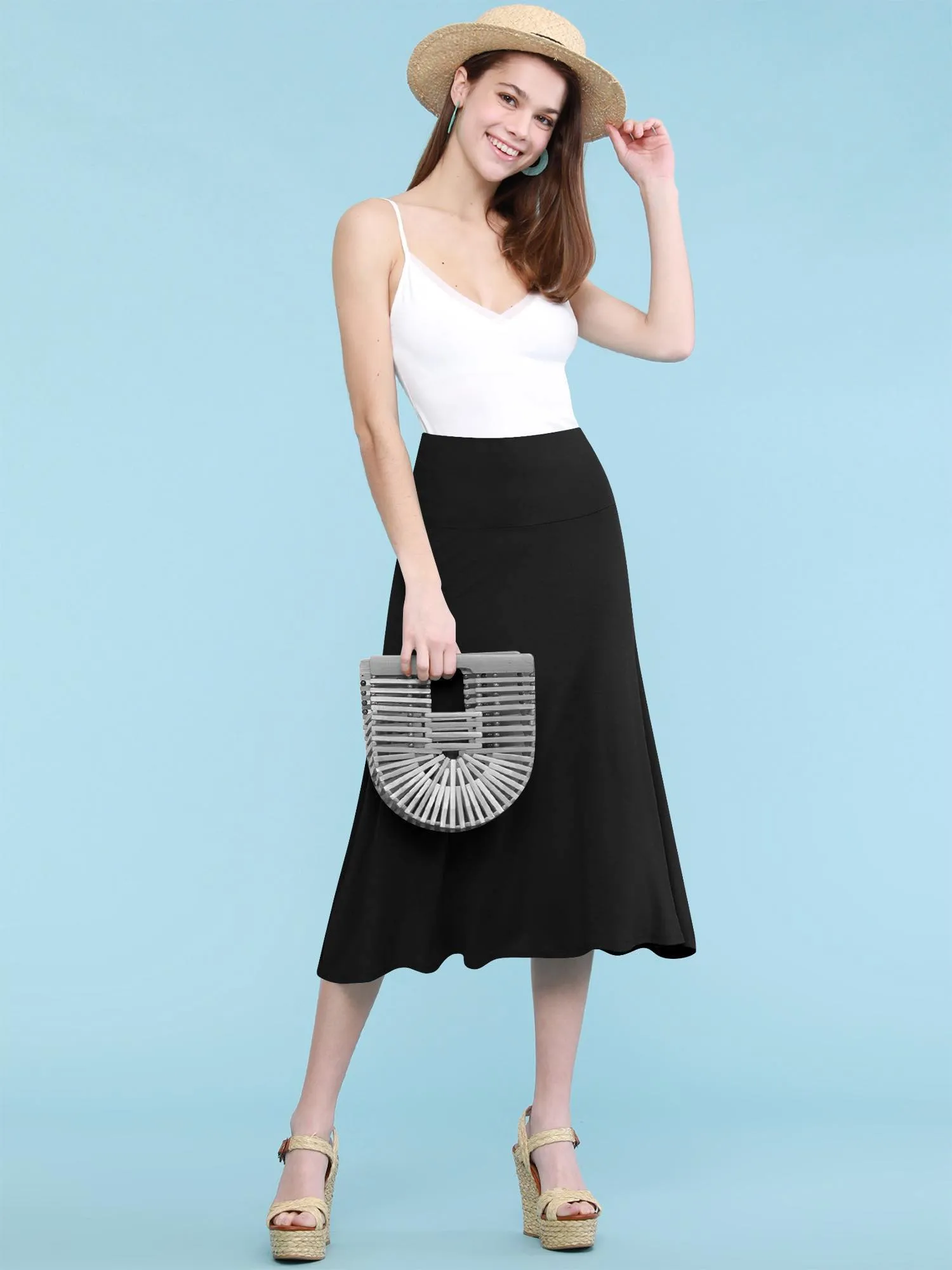 Women's Solid Lightweight Flare Midi Pull On Skirt sold by Daily Haute product image thumbnail 4
