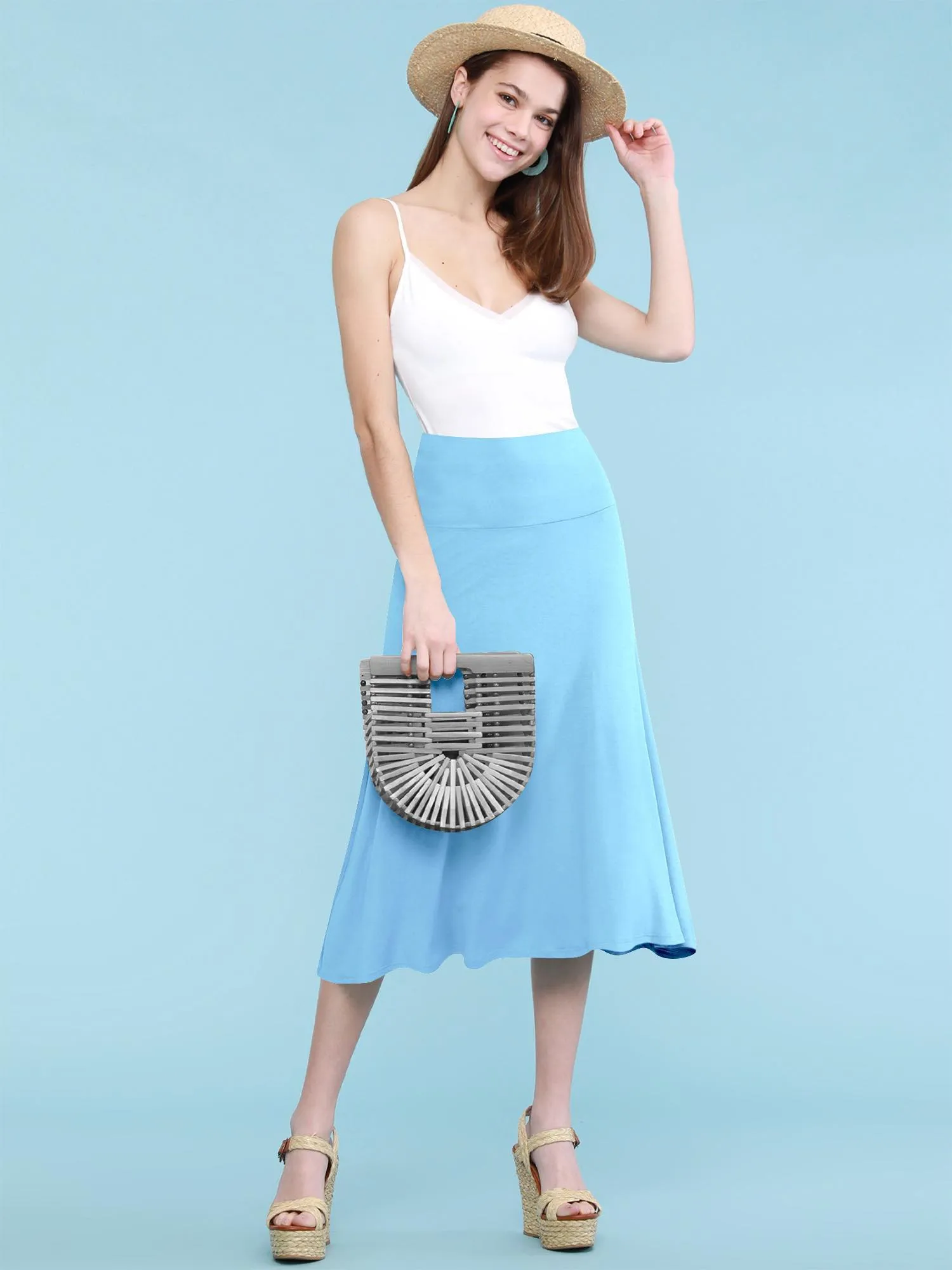 Women's Solid Lightweight Flare Midi Pull On Skirt sold by Daily Haute