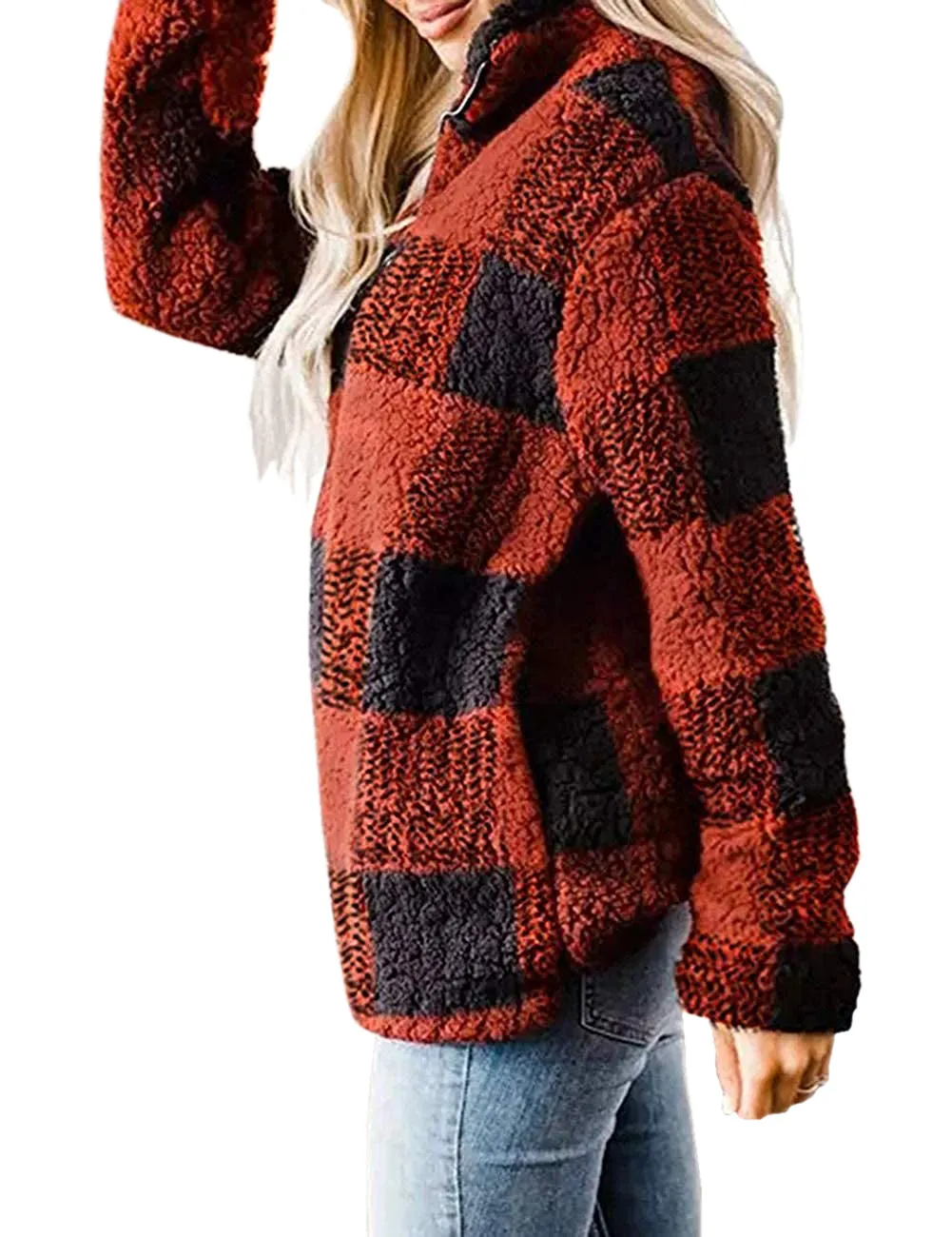 Haute Edition Women's 1/4 Zip Buffalo Plaid Sherpa Sweatshirt sold by Daily Haute product image thumbnail 5