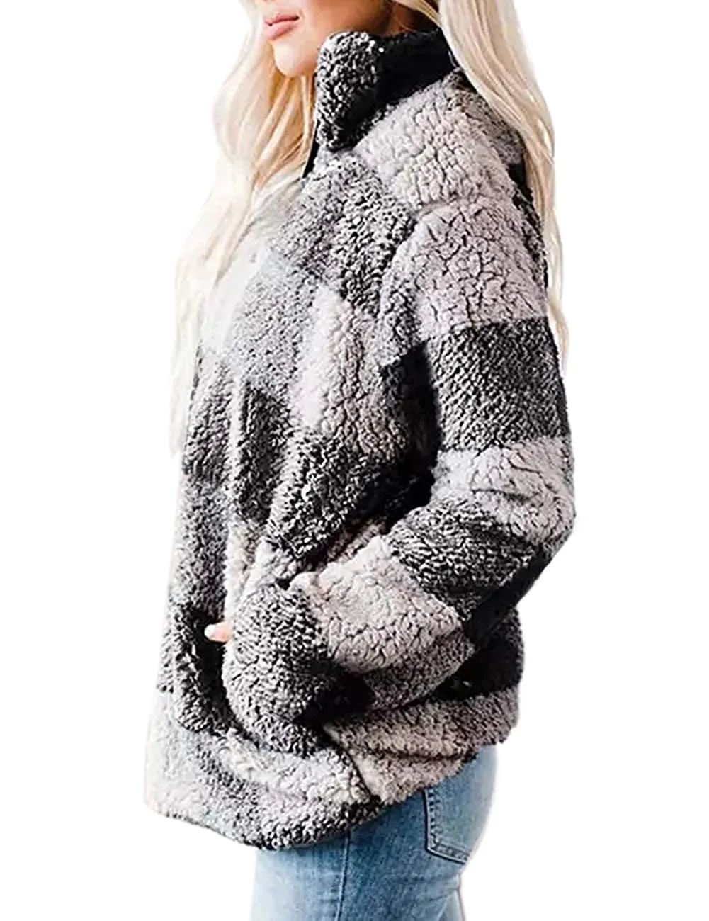 Haute Edition Women's 1/4 Zip Buffalo Plaid Sherpa Sweatshirt sold by Daily Haute product image thumbnail 2