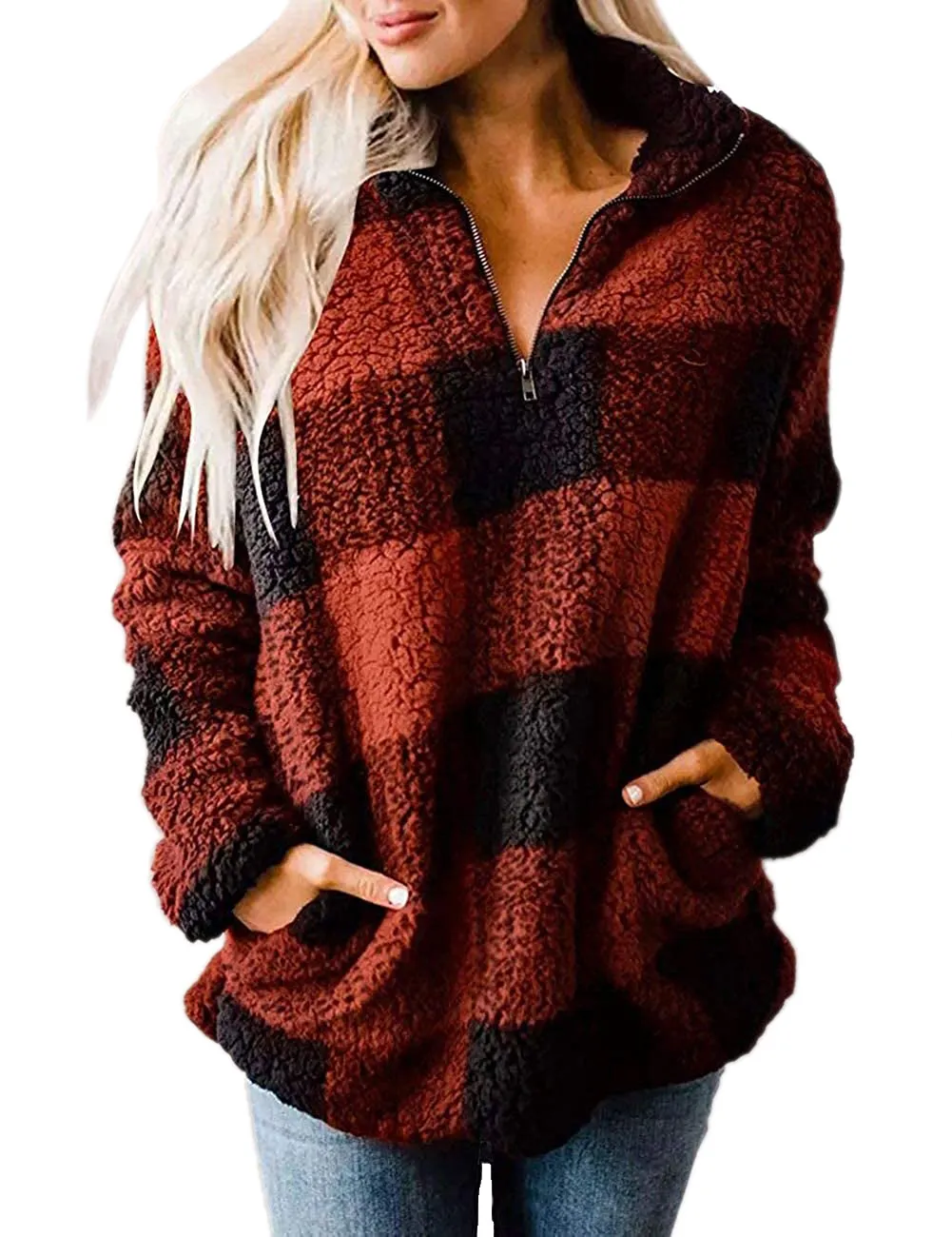 Haute Edition Women's 1/4 Zip Buffalo Plaid Sherpa Sweatshirt sold by Daily Haute product image thumbnail 4
