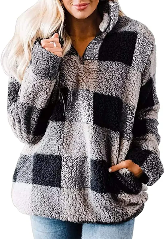 Haute Edition Women's 1/4 Zip Buffalo Plaid Sherpa Sweatshirt sold by Daily Haute