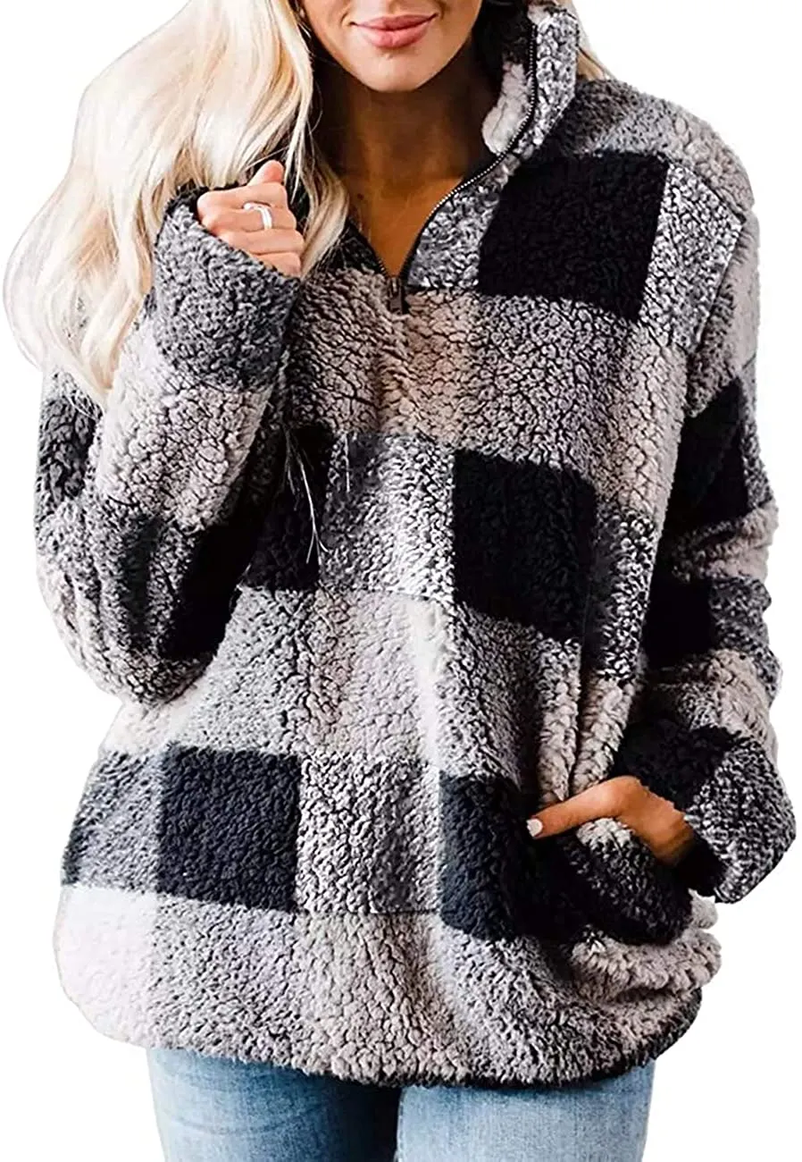 Haute Edition Women's 1/4 Zip Buffalo Plaid Sherpa Sweatshirt sold by Daily Haute