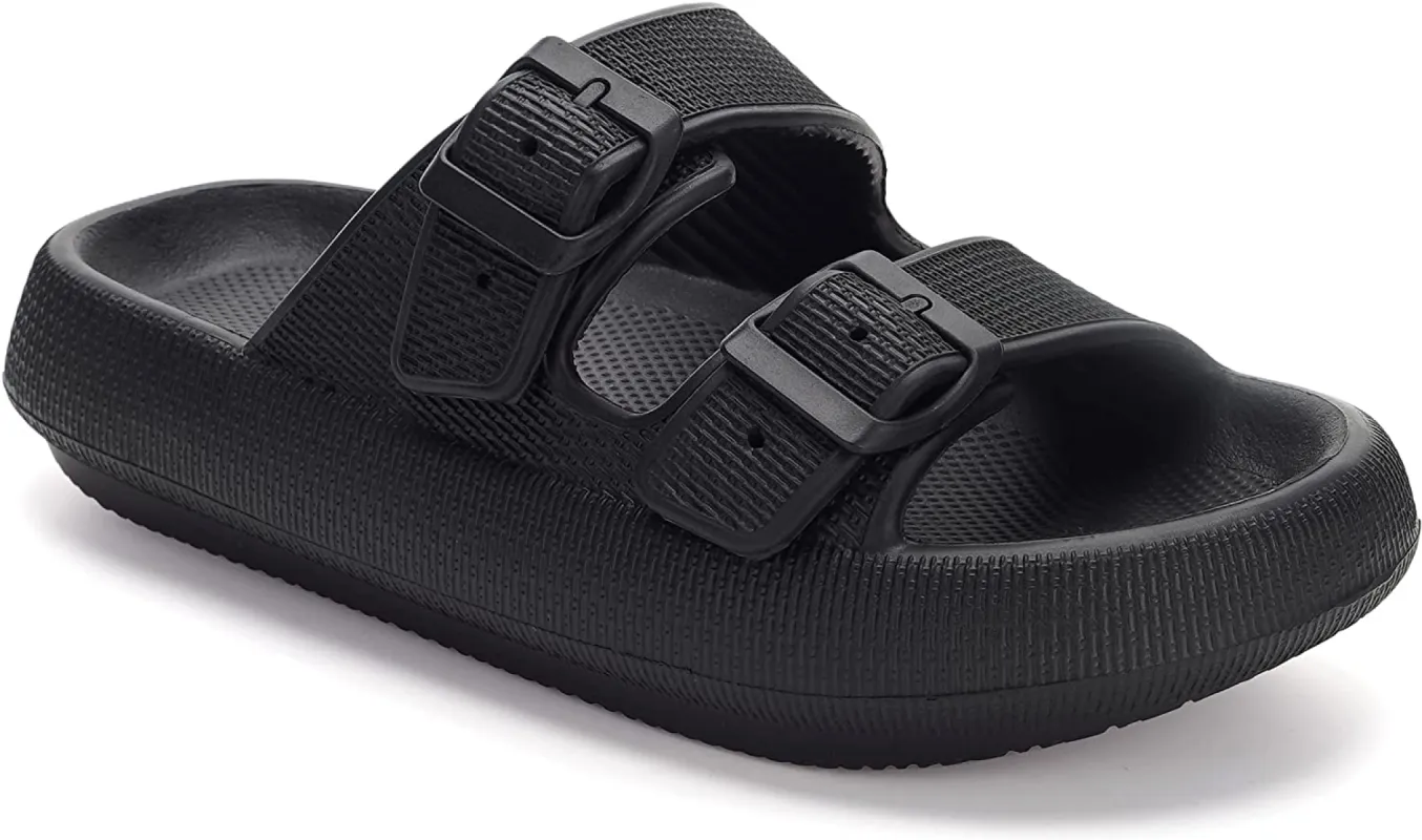 Haute Edition Women's Two Buckle Foam Pillow Cloud Slides sold by Daily Haute