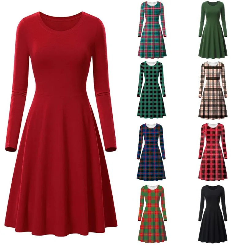 Haute Edition Women's Christmas Plaid & Solid Holiday Long Sleeve Skater Party Dress sold by Daily Haute