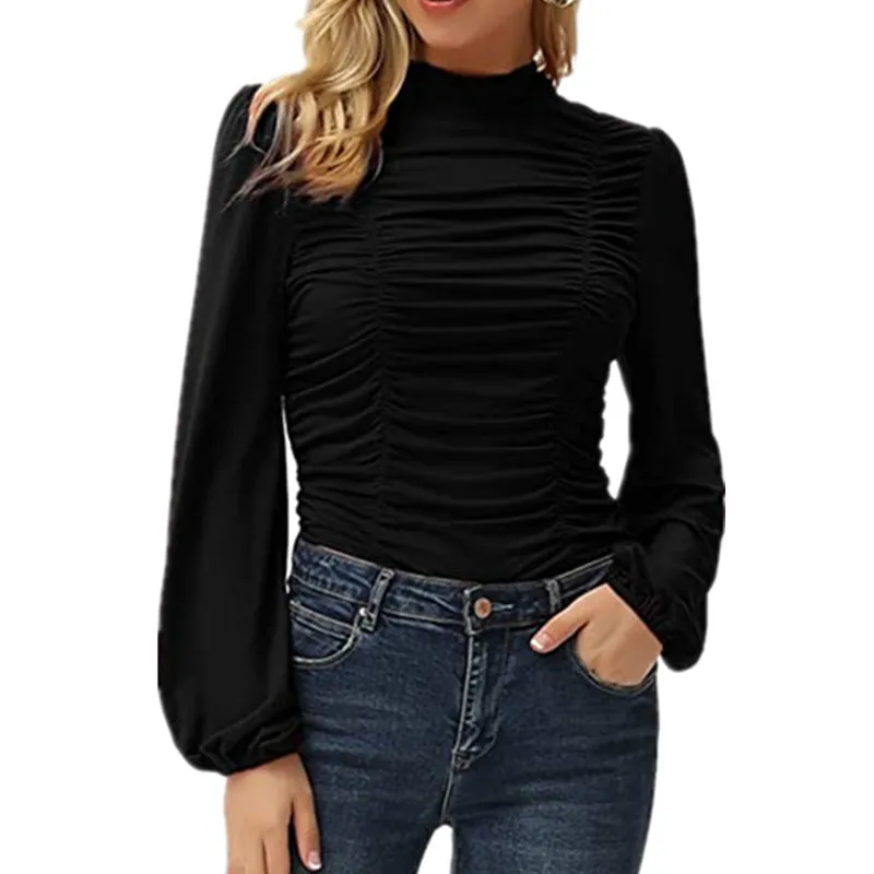 Haute Edition Women's Puff Sleeve Ruched Fitted Turtleneck Top sold by Daily Haute