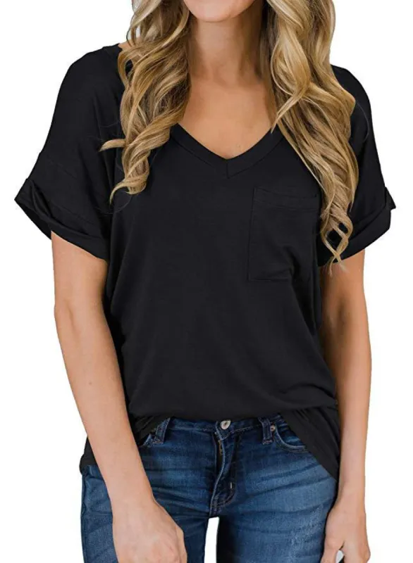 Haute Edition Women's Loose Relaxed Fit V-Neck Summer Top T-Shirt With Pocket sold by Daily Haute