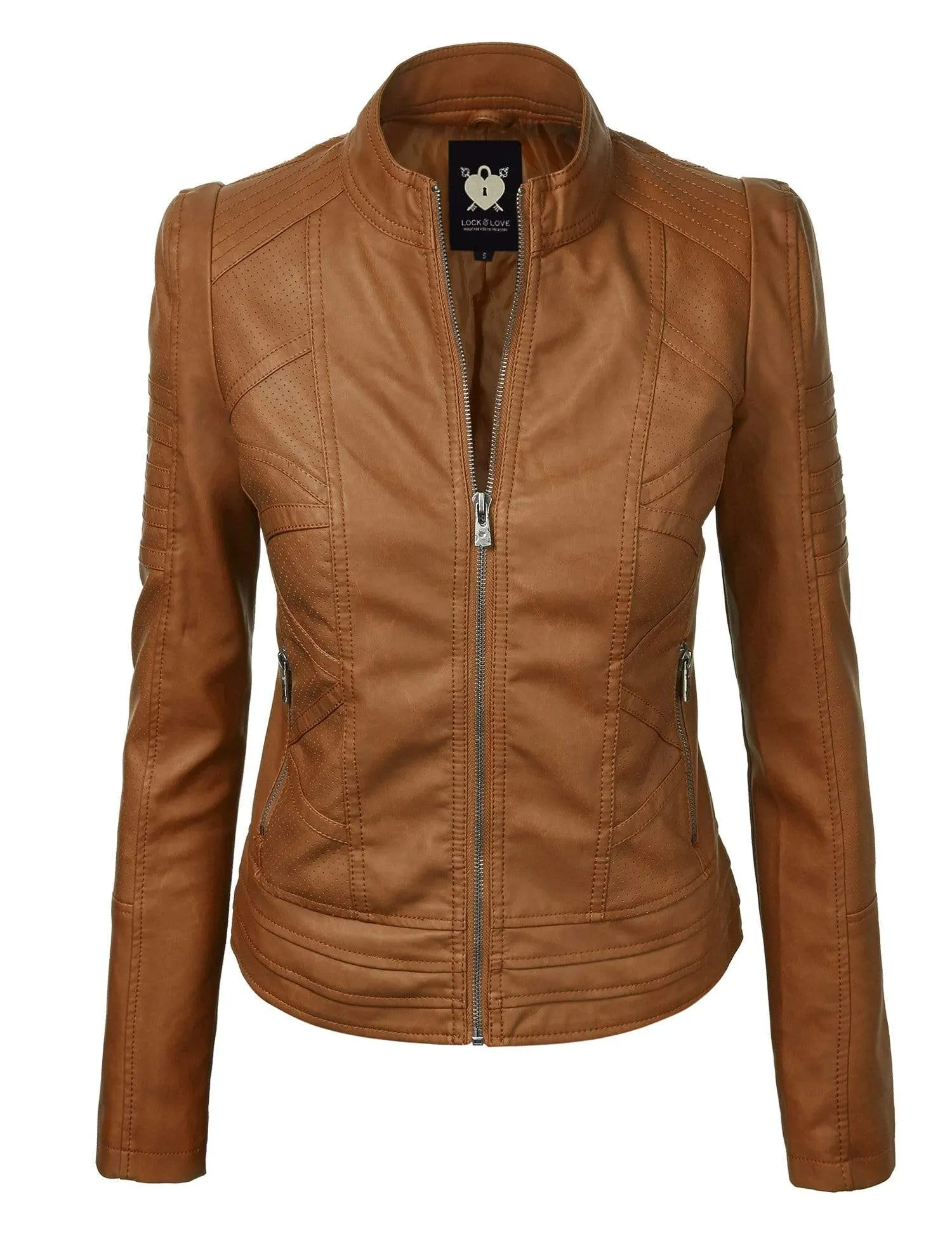 Made By Johnny MBJ Womens Faux Leather Zip Up Moto Biker Jacket with Stitching Detail sold by Daily Haute product image thumbnail 5