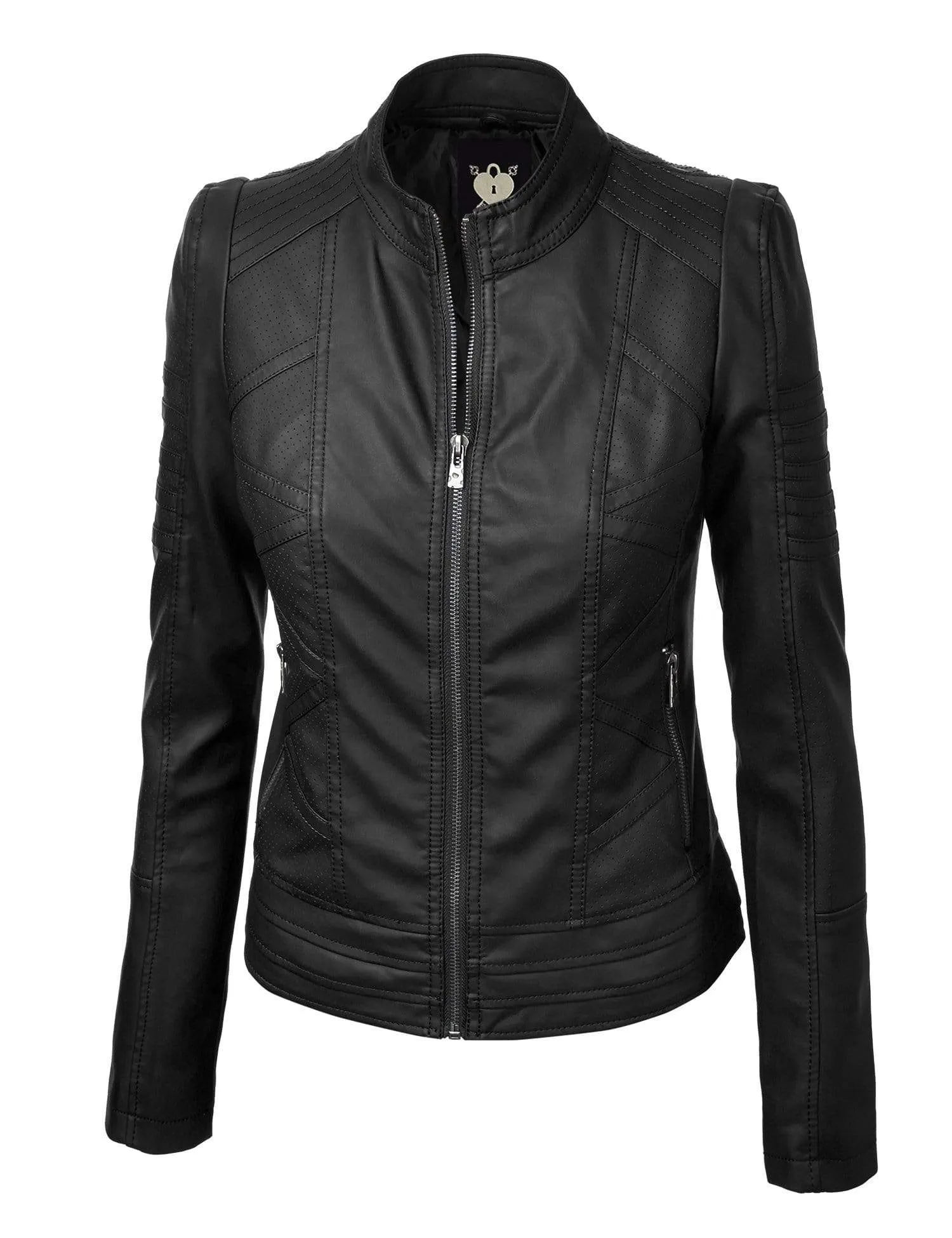 Made By Johnny MBJ Womens Faux Leather Zip Up Moto Biker Jacket with Stitching Detail sold by Daily Haute product image thumbnail 2