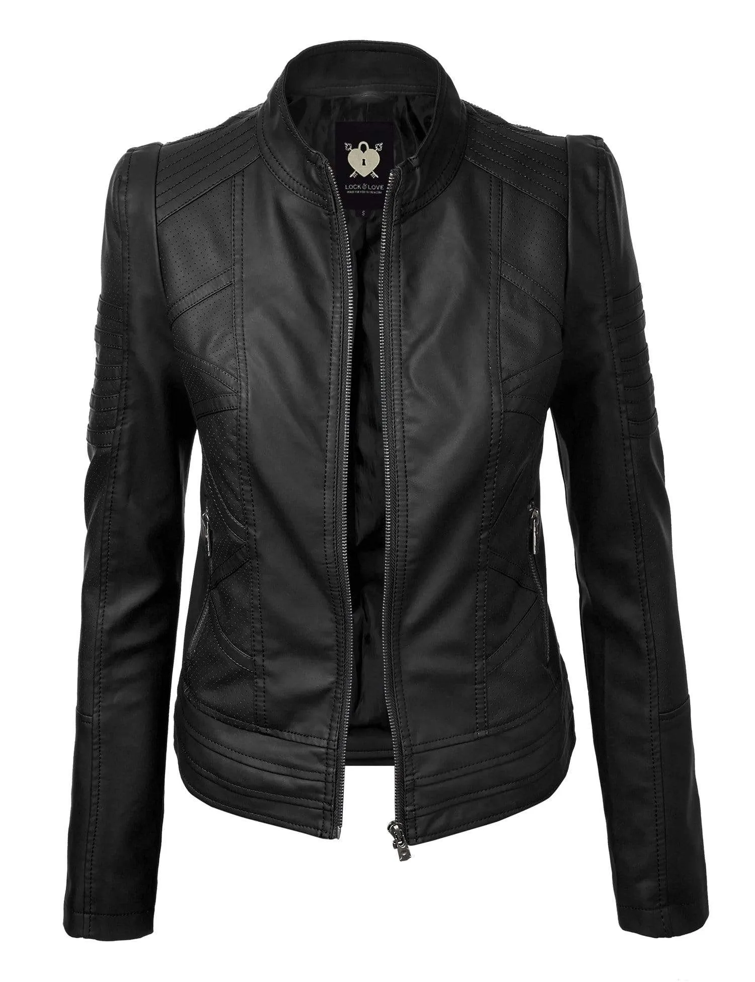 Made By Johnny MBJ Womens Faux Leather Zip Up Moto Biker Jacket with Stitching Detail sold by Daily Haute product image thumbnail 4