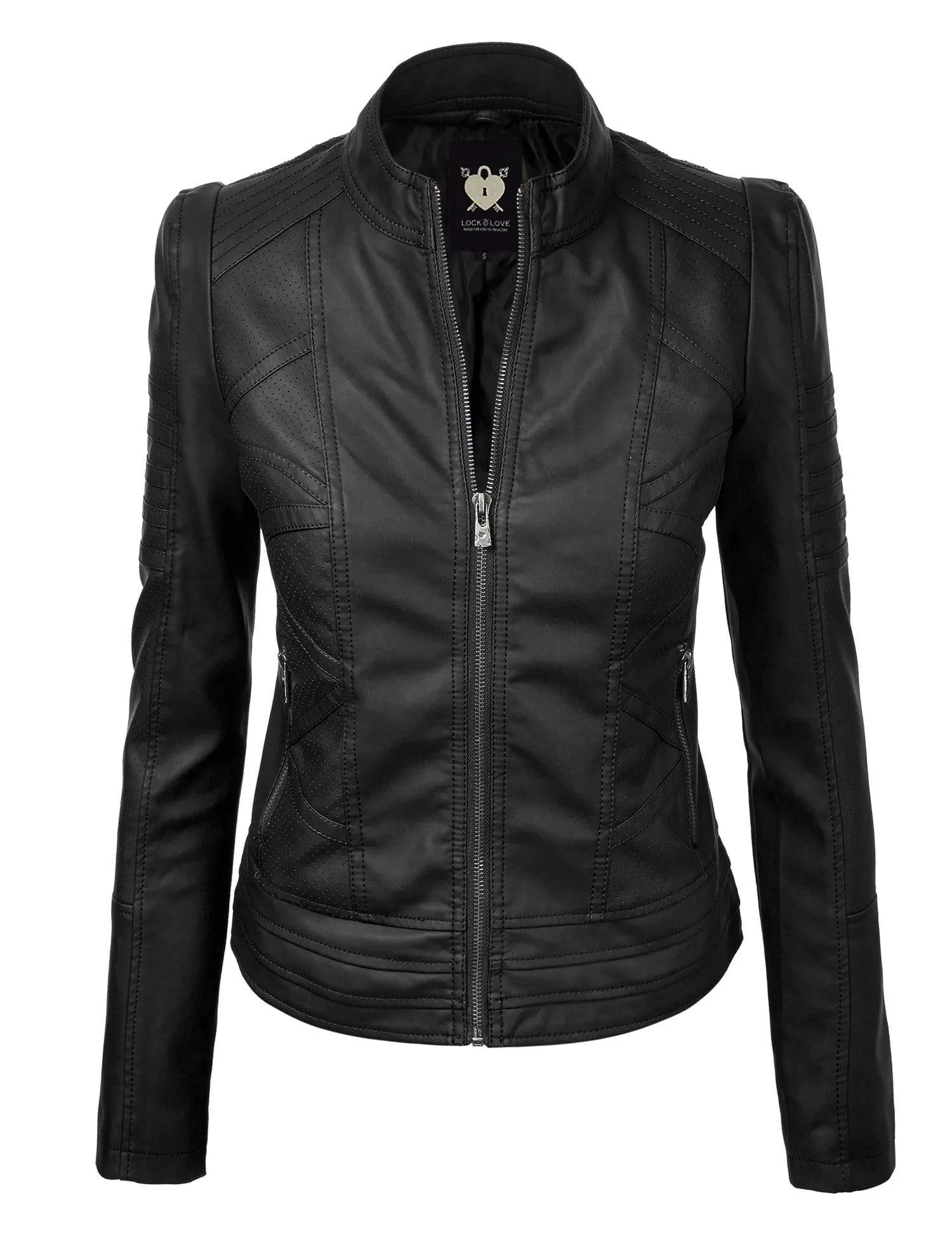 Made By Johnny MBJ Womens Faux Leather Zip Up Moto Biker Jacket with Stitching Detail sold by Daily Haute