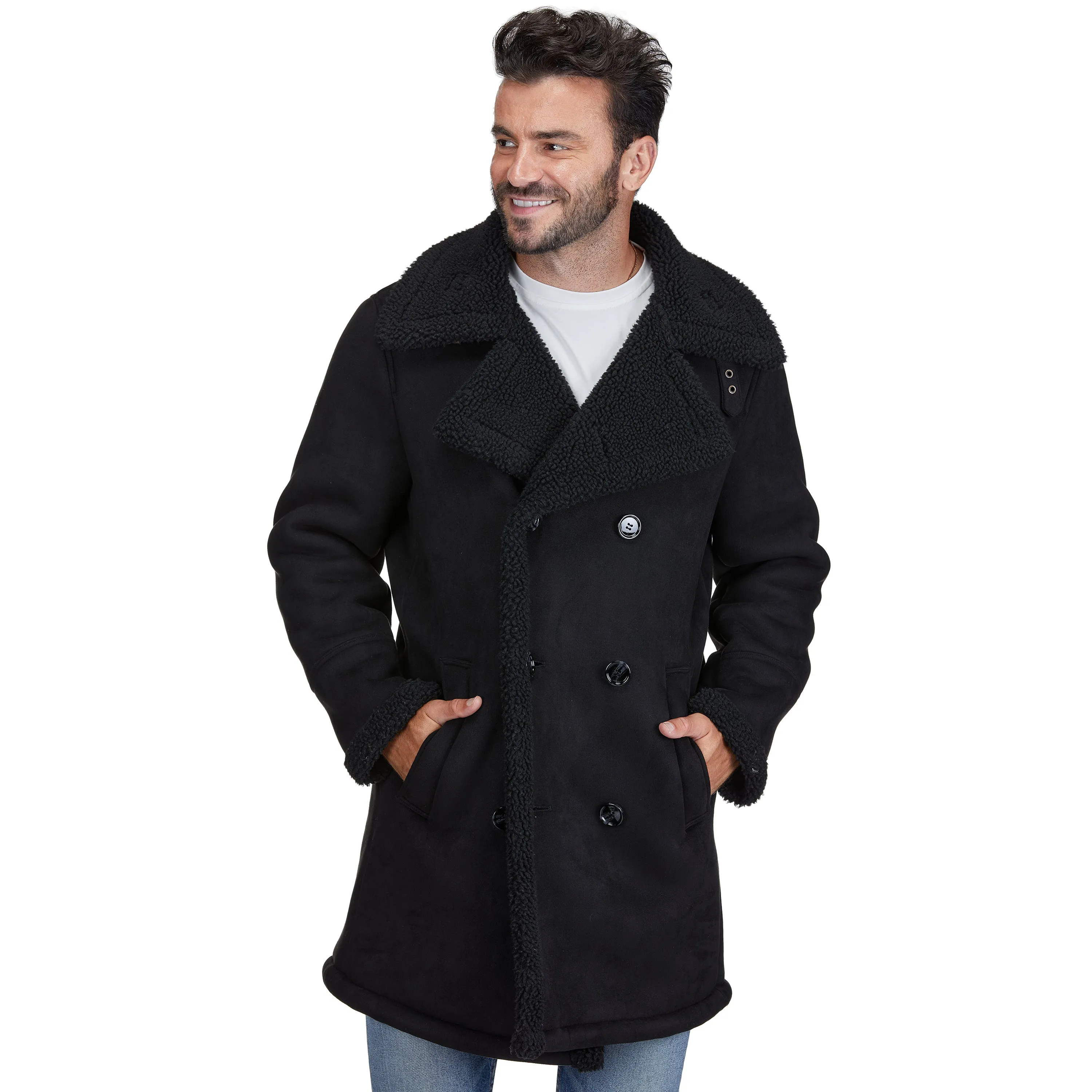 Men's Faux Shearling Double-Breasted Overcoat sold by Daily Haute