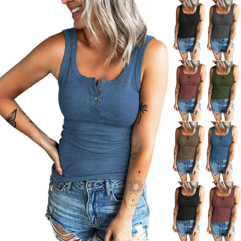 Haute Edition Women's Ribbed Scoop Neck Button Henley Tank sold by Daily Haute