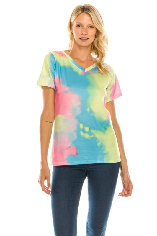 Haute Edition Women's V Neck Tie Dye Prints Tee sold by Daily Haute