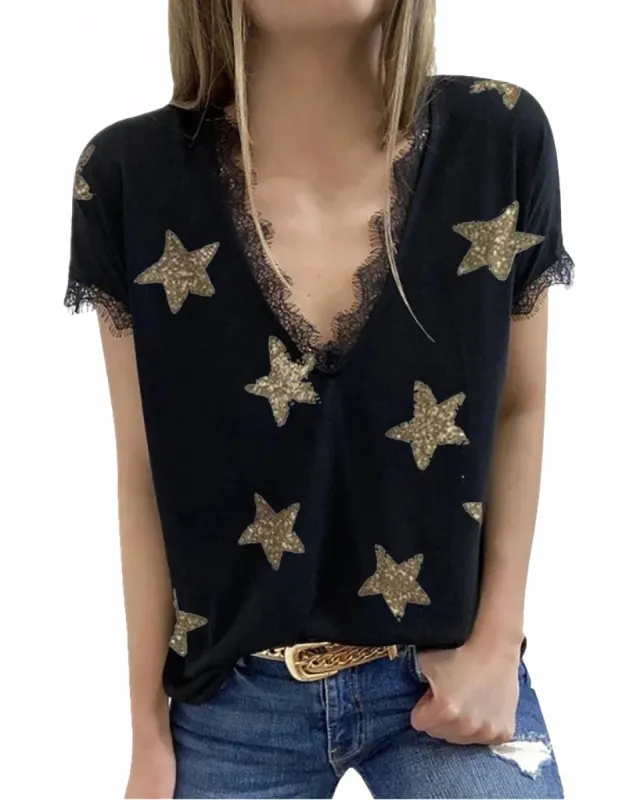 Haute Edition Women's Star Printed V-Neck Lace Trim Tee sold by Daily Haute