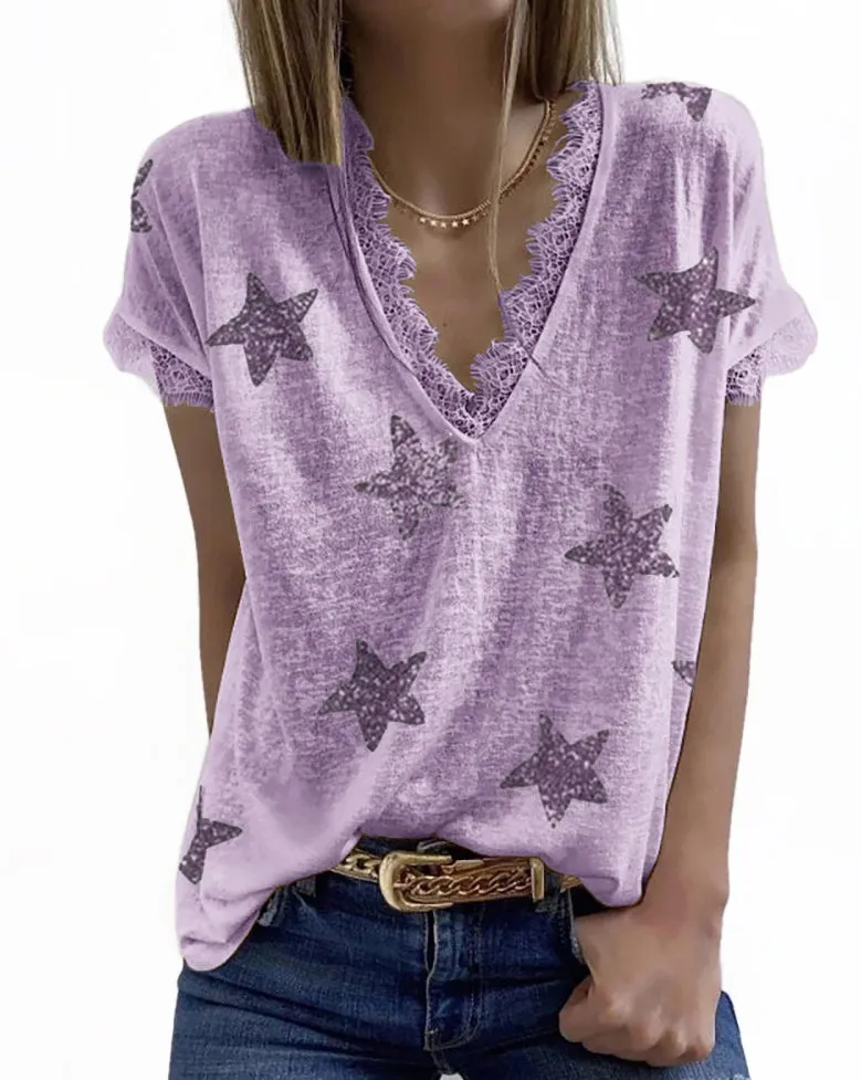 Haute Edition Women's Star Printed V-Neck Lace Trim Tee sold by Daily Haute product image thumbnail 3