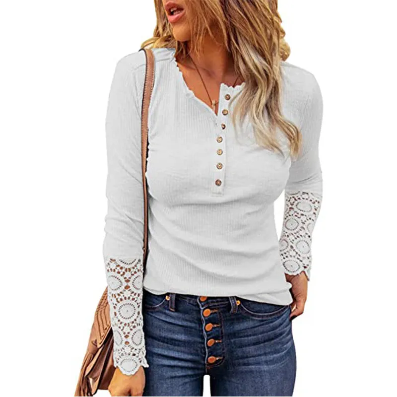 Haute Edition Women's Henley T-Shirt Top with Lace Long Sleeve sold by Daily Haute product image thumbnail 5