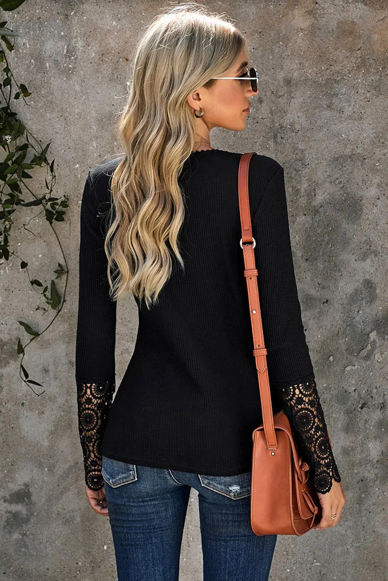 Haute Edition Women's Henley T-Shirt Top with Lace Long Sleeve sold by Daily Haute product image thumbnail 3