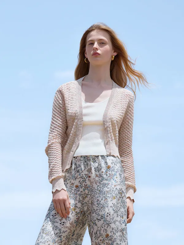 Sequins Wave-Cut Trim Women Knitted Cardigan made by Goelia