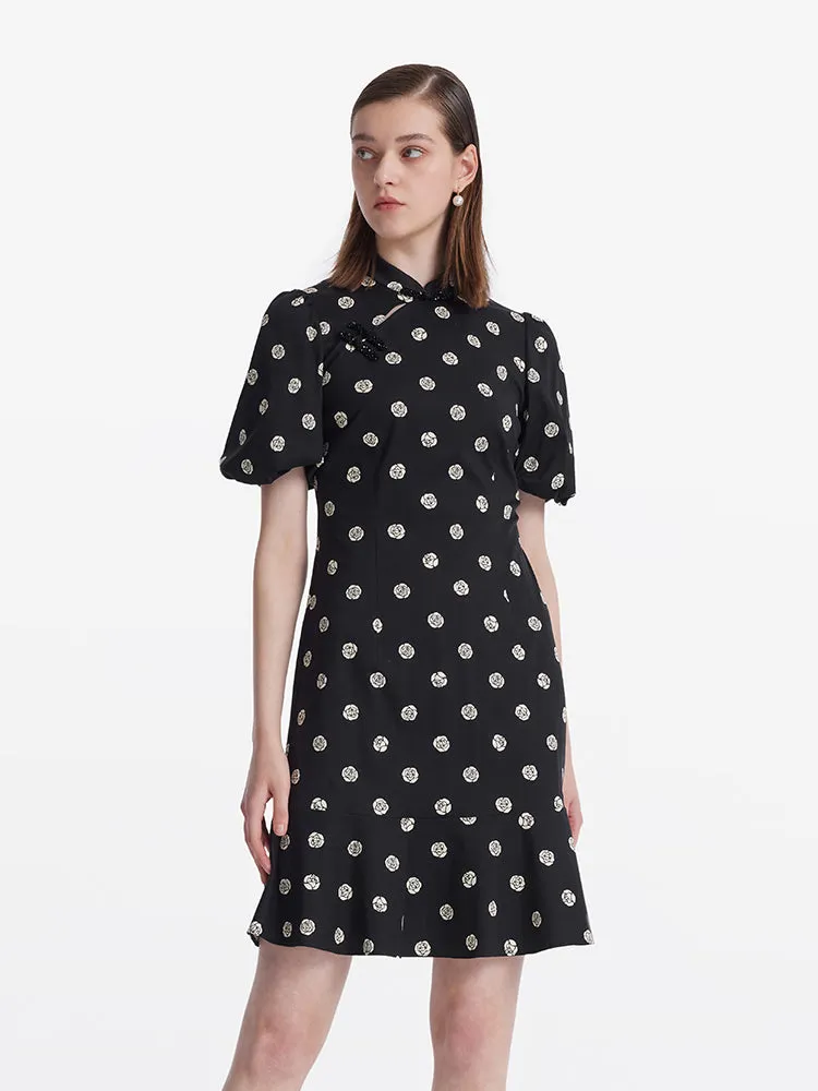 Rose Print Puff Sleeves Women Qipao Mini Dress sold by Goelia product image thumbnail 2