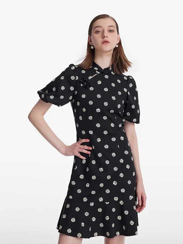 Rose Print Puff Sleeves Women Qipao Mini Dress sold by Goelia product image thumbnail 3