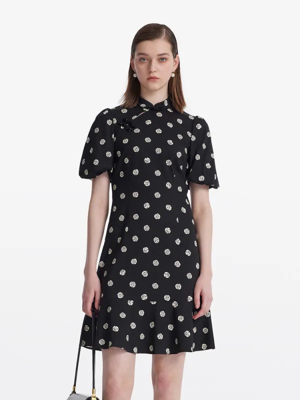 Rose Print Puff Sleeves Women Qipao Mini Dress sold by Goelia