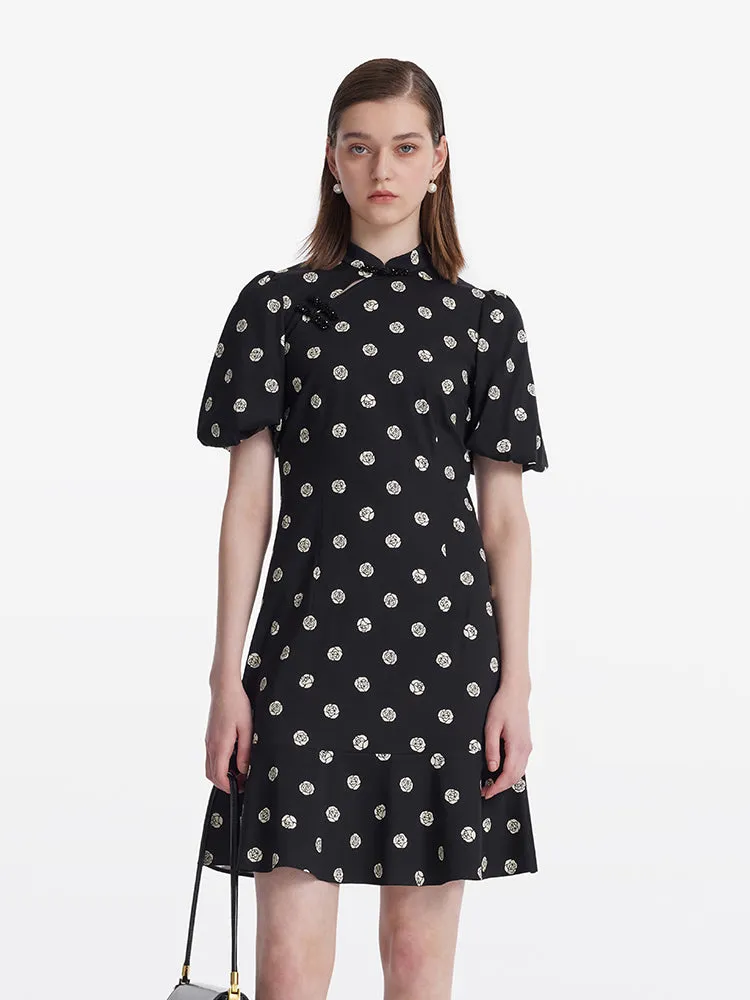 Rose Print Puff Sleeves Women Qipao Mini Dress sold by Goelia