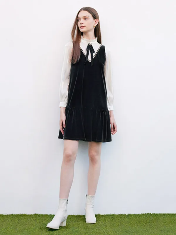 Black Velvet Patchwork Mini Dress With Tie made by Goelia