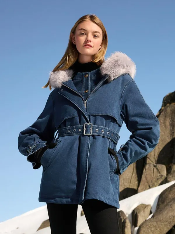 Denim Hooded Gathered Waist Goose Down Garment sold by Goelia