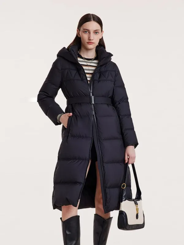 Hooded Long Goose Down Garment With Belt made by Goelia