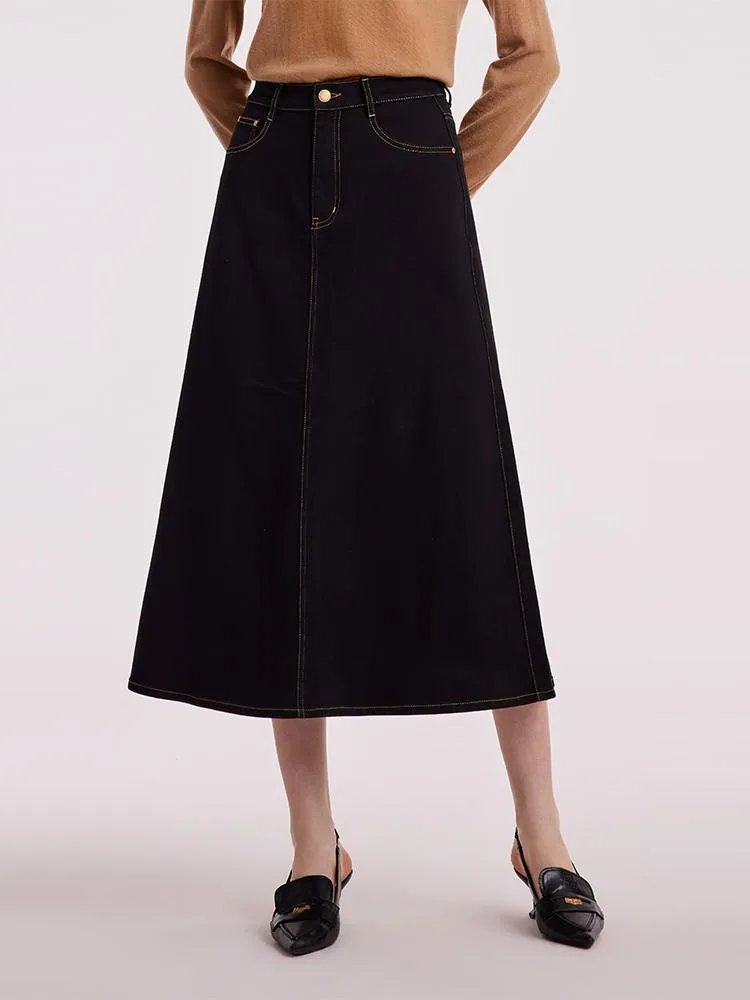 Black Denim A-Line Women Skirt sold by Goelia