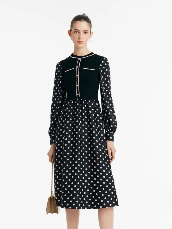 22 Momme Mulberry Silk Patchwork Polka Dots Printed Women Midi Dress sold by Goelia