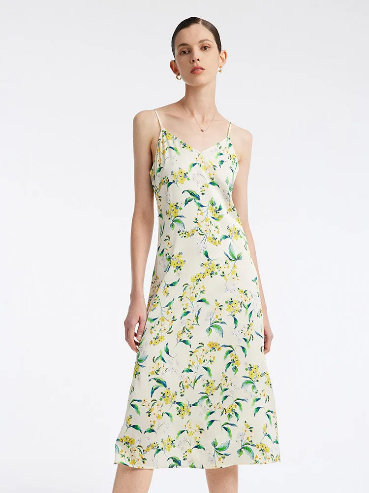 19 Momme Stretch Silk Floral Spaghetti Strap Midi Dress sold by Goelia