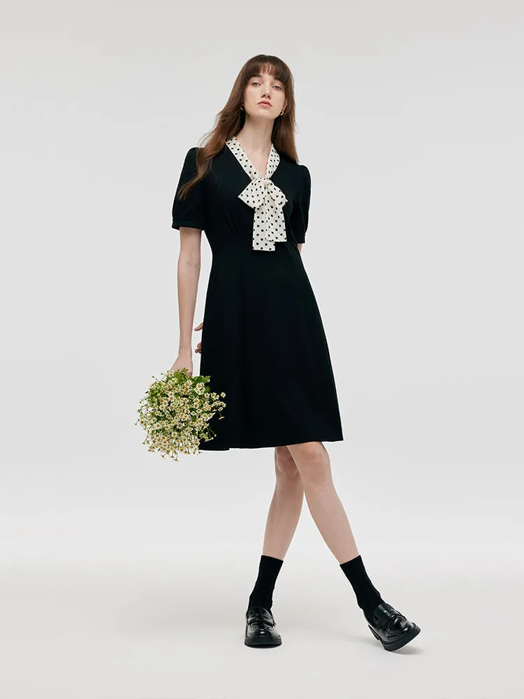 Bow Tie Neck Patchwork Women Mini Dress sold by Goelia product image thumbnail 2