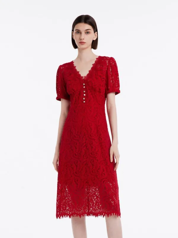 Lace V-Neck Mid Sleeve Dress sold by Goelia