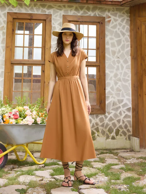 V-Neck Gathered Waist Women Maxi Dress sold by Goelia