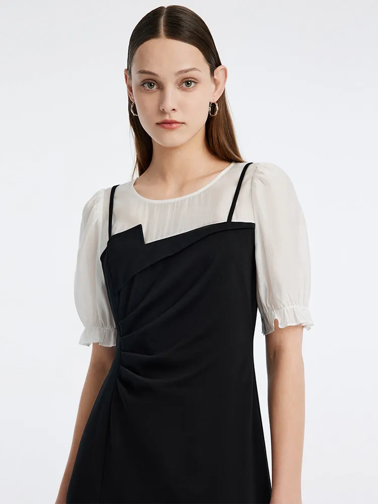 Knitted Puff Sleeve Patchwork Midi Dress sold by Goelia product image thumbnail 4