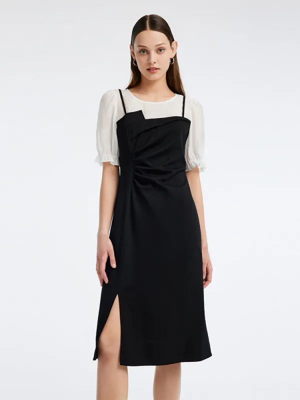 Knitted Puff Sleeve Patchwork Midi Dress sold by Goelia